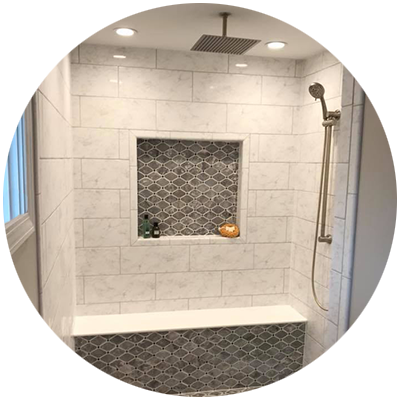 Tiled walk in shower with rain showerhead